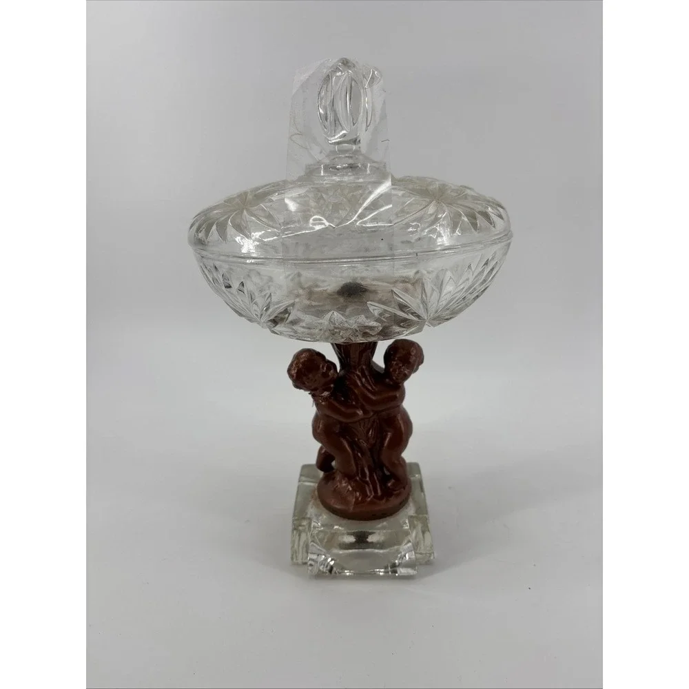 Candy Dish Medium Clear Bronze Cherub Putti Crystal‎ Glass Mythological Regency